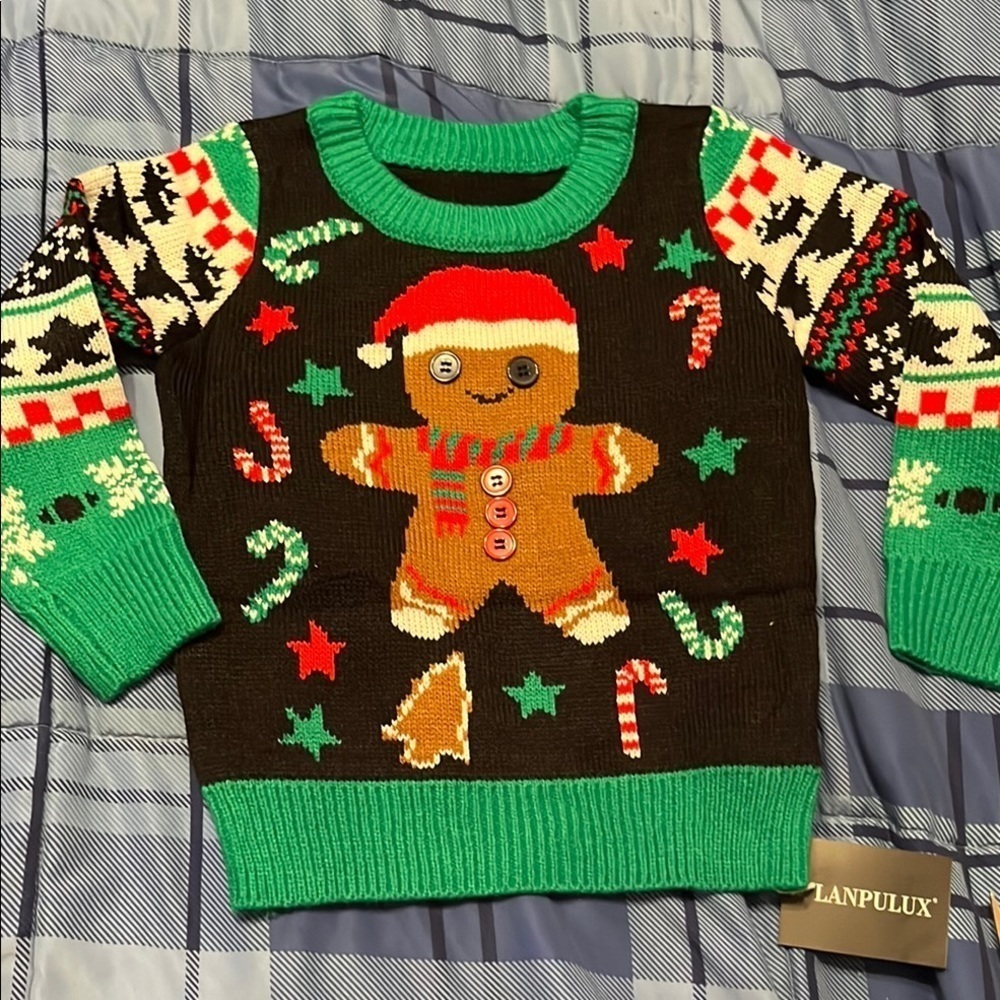 NWT Festive Gingerbread Sweater with Green Accents unisex